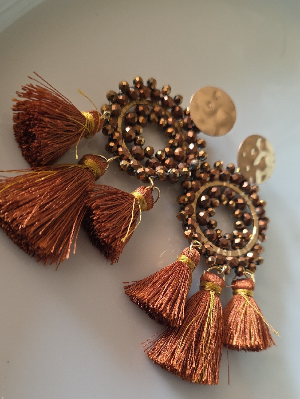 Brown Tassel Hoop Earrings Copper tones